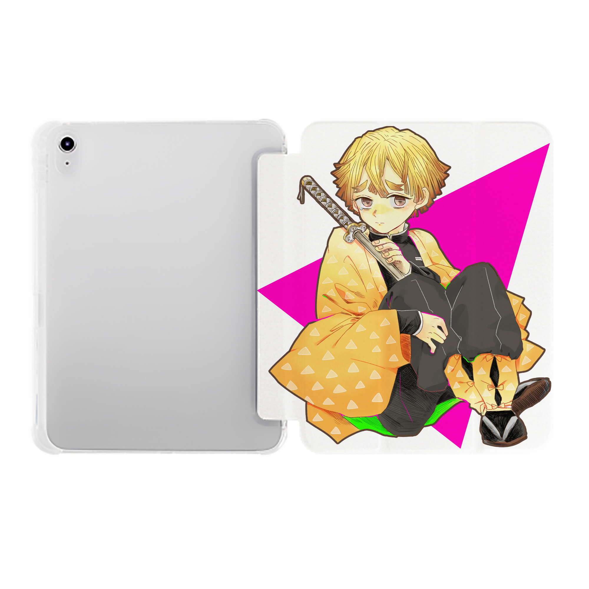 （画像用） 鬼滅の刃（きめつのやいば）我妻 善逸／あがつま ぜんいつ Agatsuma Zenitsu IPad ケース ペン収納付き 三つ折りスタンド PUレザー×シリコン 対応機種9.5/10.5/10.9インチ